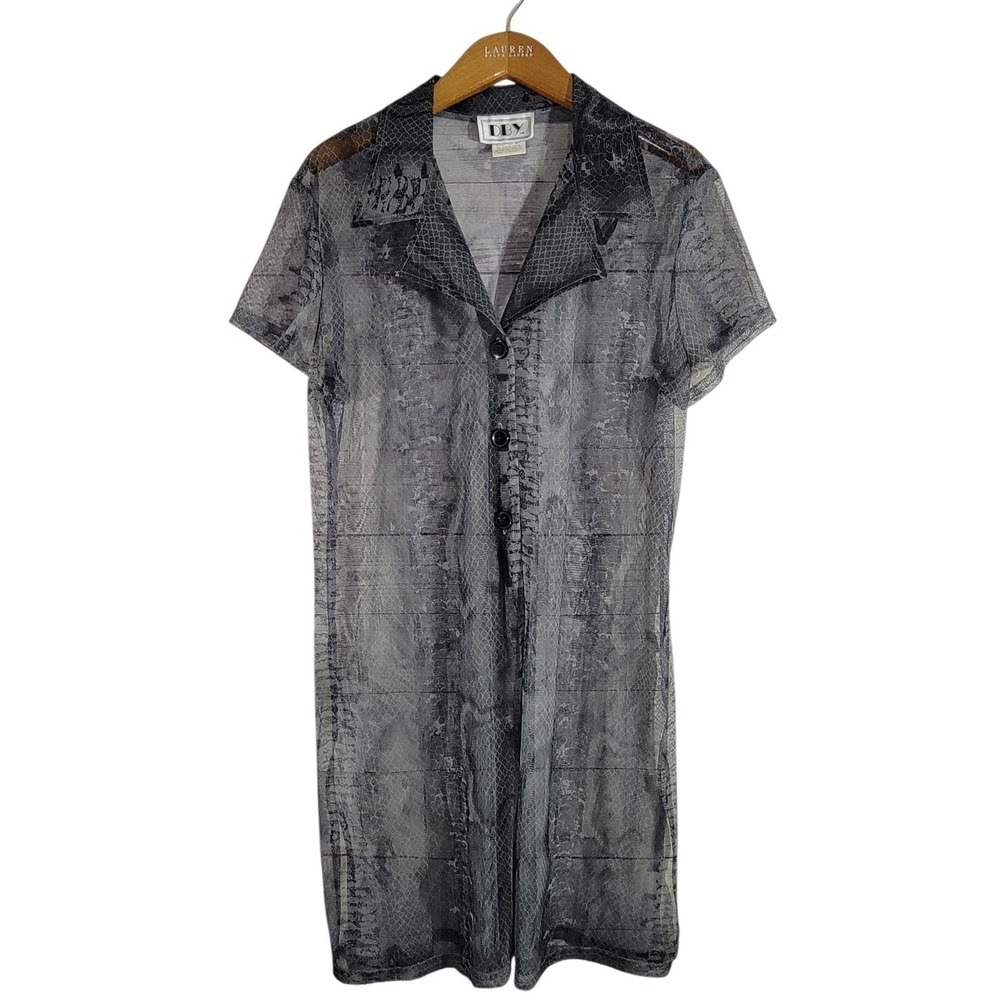 DBY Ltd Sheer Tunic Top Womens 15/16 Gray Snakeskin Buttons Vintage Y2K